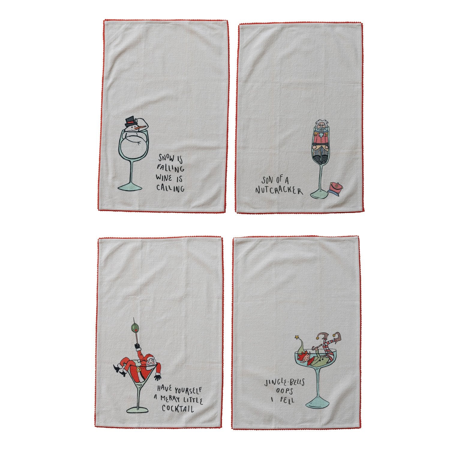Tea Towel with Holiday Icon, Tipsy Saying & Pom Pom Trim, 4 Styles
