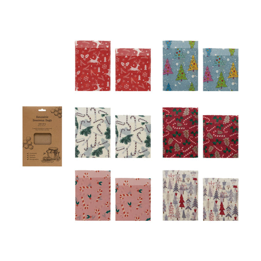 Reusable Fabric Beeswax Food Bags with Prints, Set of 2, 6 Styles